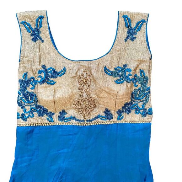 India Gold Border Sky Blue Turquoise Beads & Rhinestones Anarkali Long Dress - Picture 5 of 9